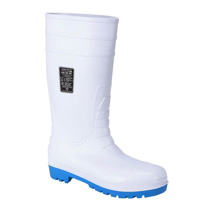 White total safety wellington with steel toe, slip-resistant sole, and easy-clean finish.