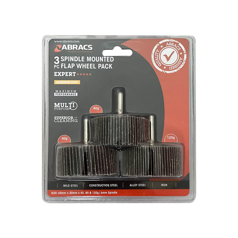 A 3-pack of large 60x30mm flap wheels from Abracs with assorted grits.