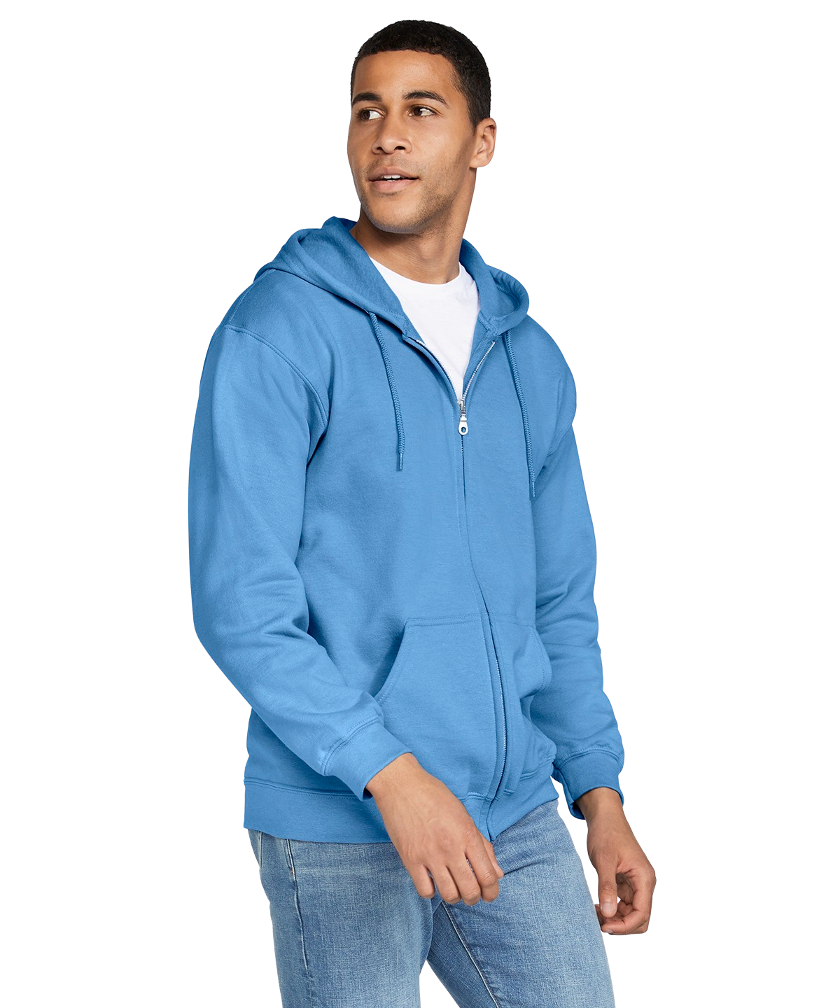 man wearing a blue Gildan Adult Heavy Blend Full Zip Hooded Sweatshirt - 
