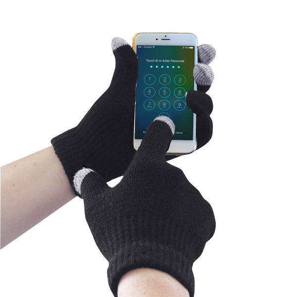 A pair of black Portwest touchscreen knit gloves.