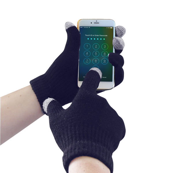 A pair of navy Portwest touchscreen knit gloves.