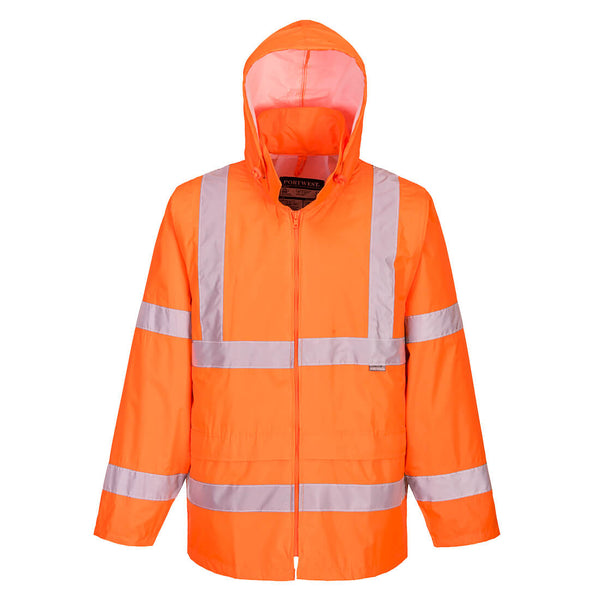 Portwest H440 orange hi-vis rain jacket – waterproof safety gear with reflective strips