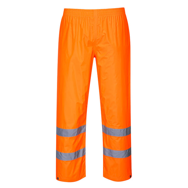 Hi-vis orange Portwest Rain Trouser with reflective leg bands.