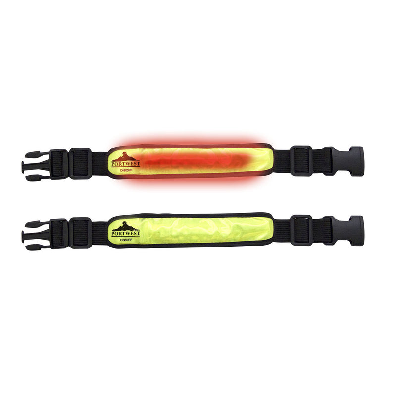 A high-visibility yellow Portwest flashing armband (HV05) shown illuminated and worn on an arm.