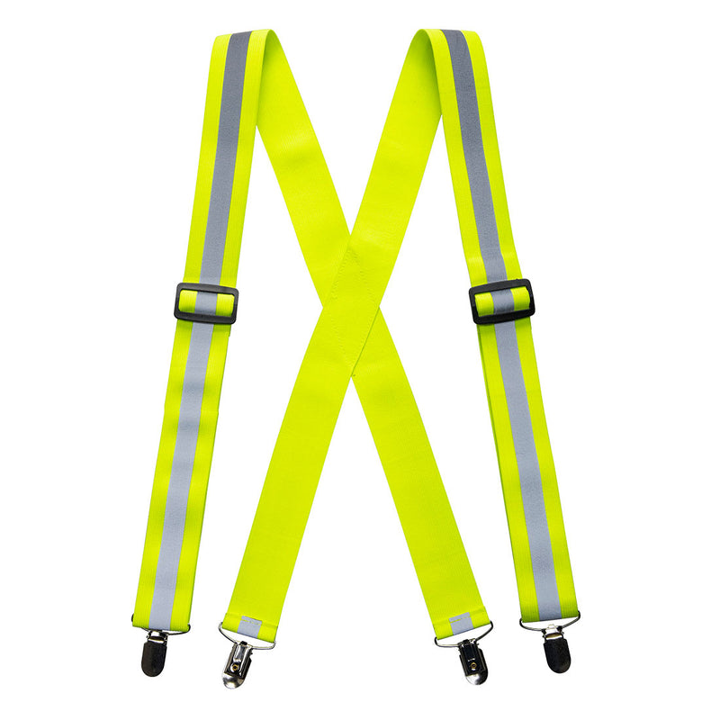 Hi-vis yellow Portwest Trouser Braces with secure clips.