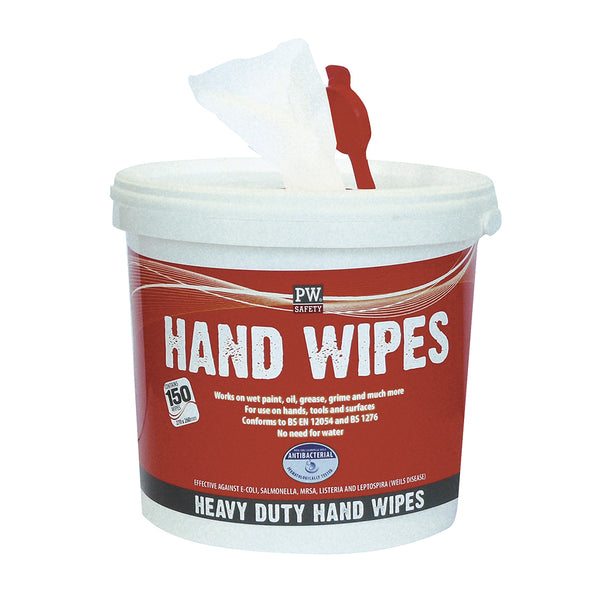 A large tub containing 150 Portwest industrial hand wipes (IW10) in white packaging.