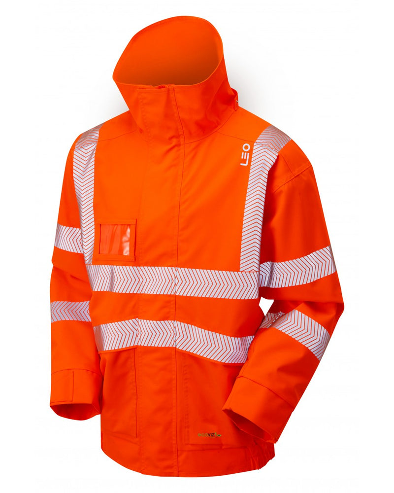 Leo Workwear Dartmoor orange hi-vis jacket for superior visibility and all-weather protection