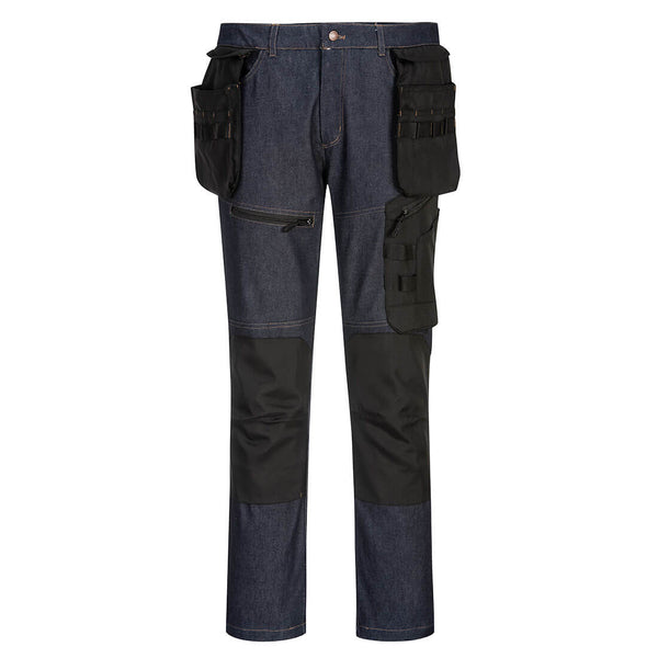 Indigo denim Portwest KX3 Holster Trouser with durable knee panels.