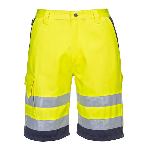 Portwest Hi-Vis Lightweight Poly-Cotton Shorts L043 in Yellow/Navy.