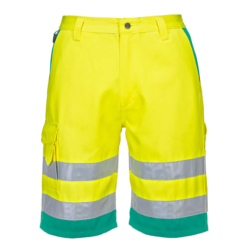 Portwest Hi-Vis Lightweight Poly-Cotton Shorts L043 in Yellow/Navy Trim.