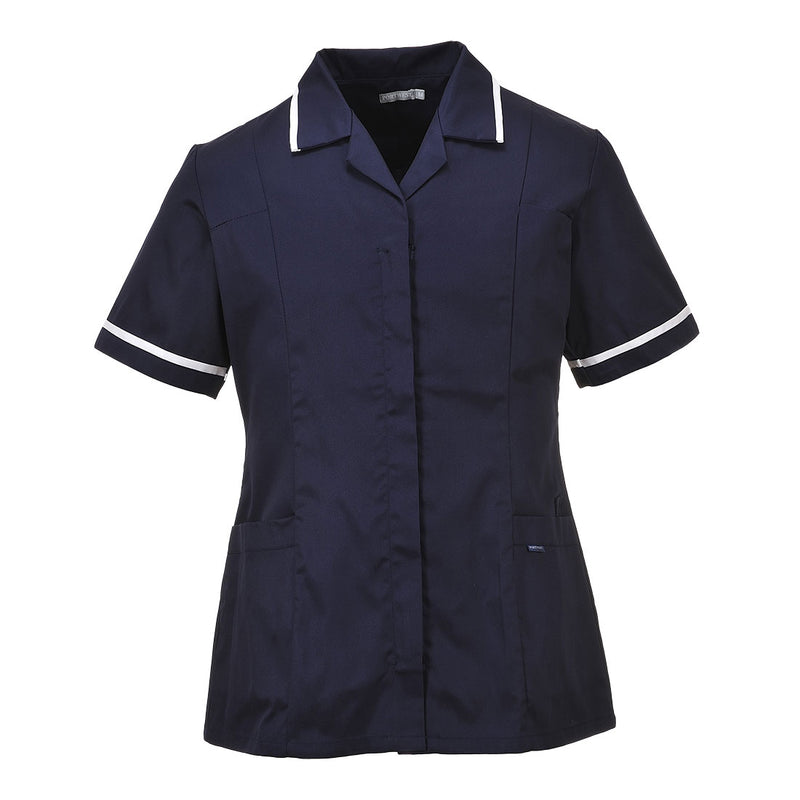navy work tunic with a relaxed cut and multiple utility pockets