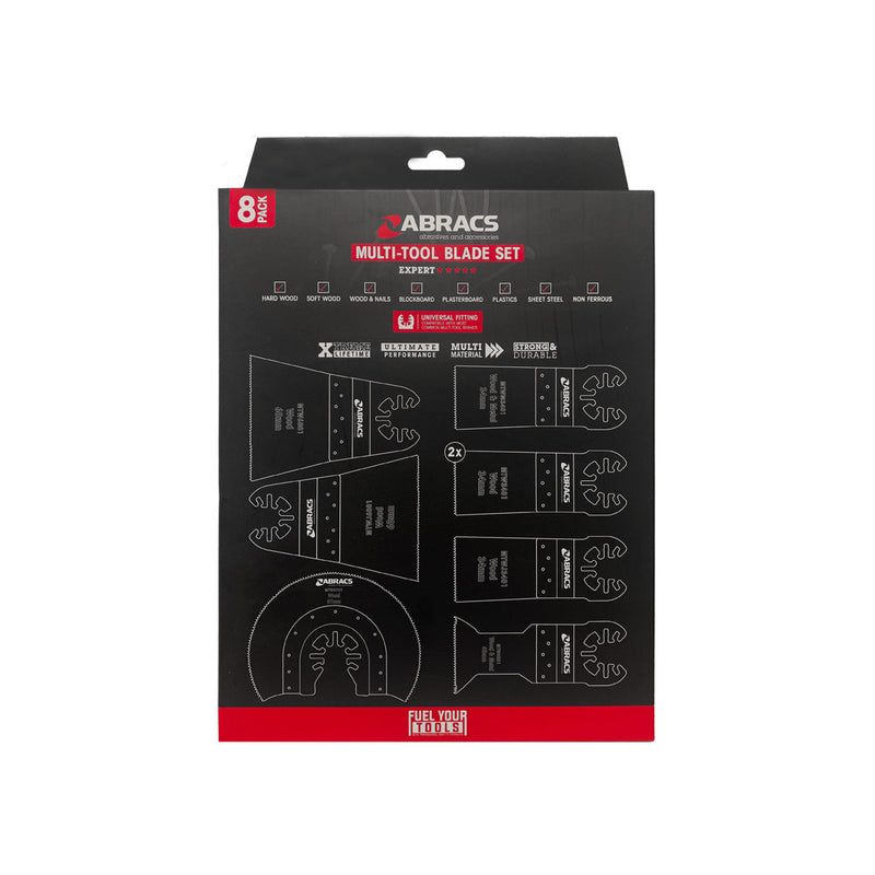 Abracs 8-piece assorted multi-tool blade set for cutting wood and non-ferrous metals.