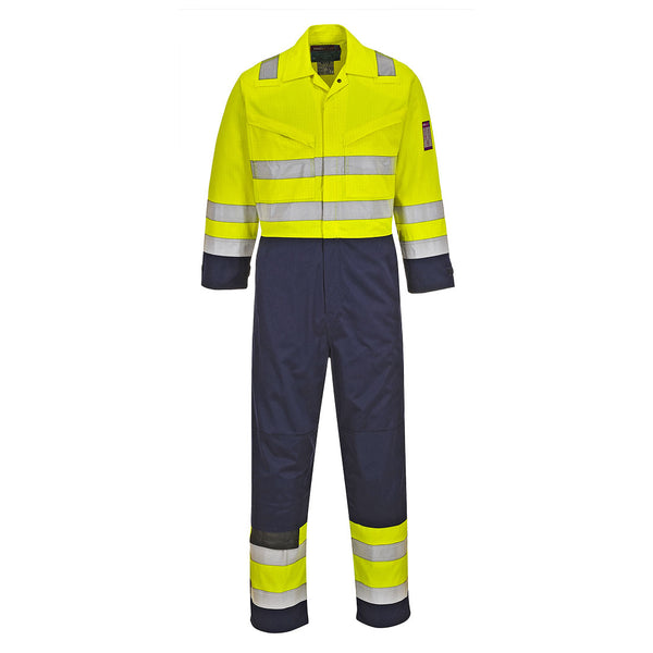 Portwest Hi-Vis Modaflame Coverall MV28 – yellow/navy tall fit coverall with reflective tape