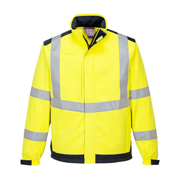 yellow/navy softshell with flame-resistant safety features