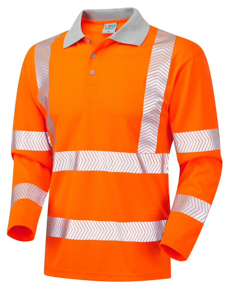 Bright orange long-sleeve polo shirt with navy blue collar, silver reflective bands, front-facing