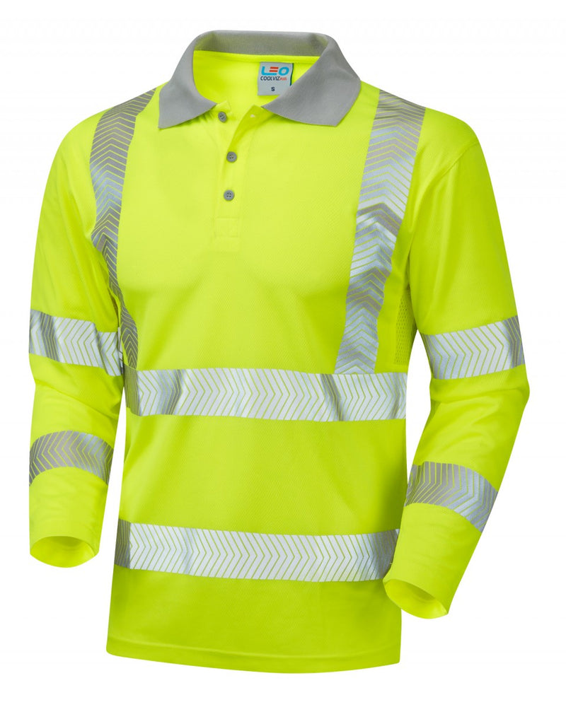 Yellow long-sleeve polo shirt featuring navy collar and horizontal reflective stripes, front view