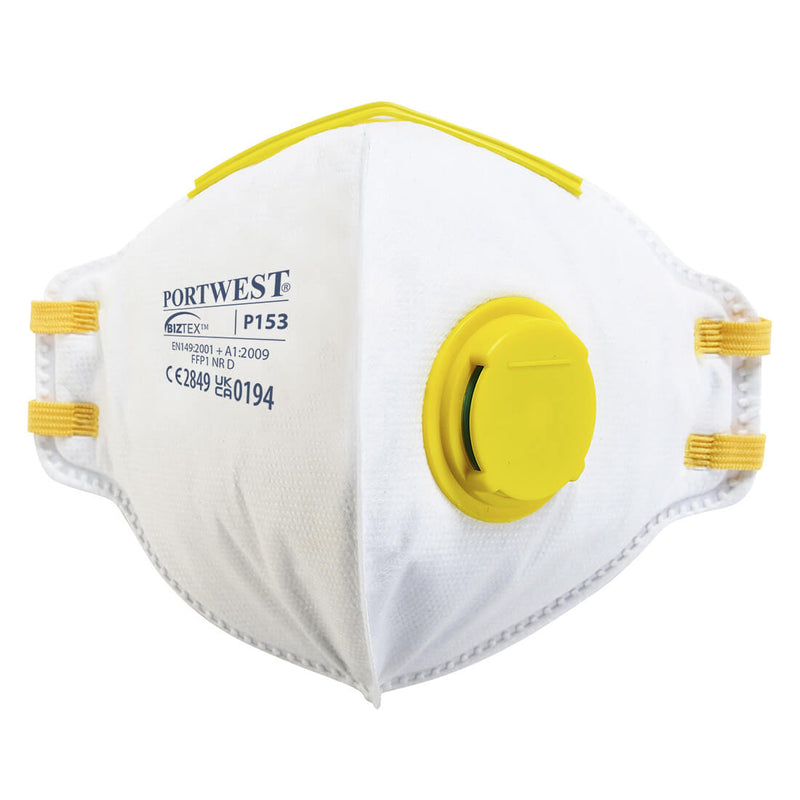 A white Portwest FFP1 fold-flat dolomite respirator (P153) with an exhalation valve.