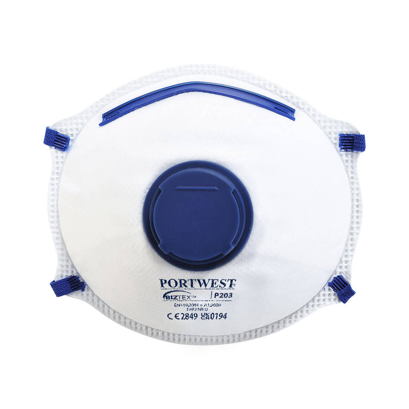 A durable Portwest FFP2 valved dolomite respirator (P203) with adjustable straps.