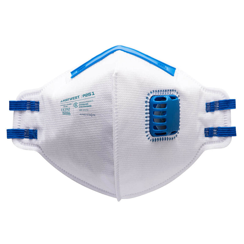 A Portwest FFP2 valved fold-flat respirator (P251) with a blue valve.