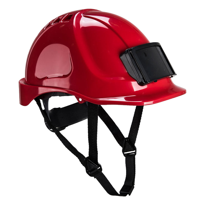 Red Portwest Endurance PB55 safety helmet with a badge holder.
