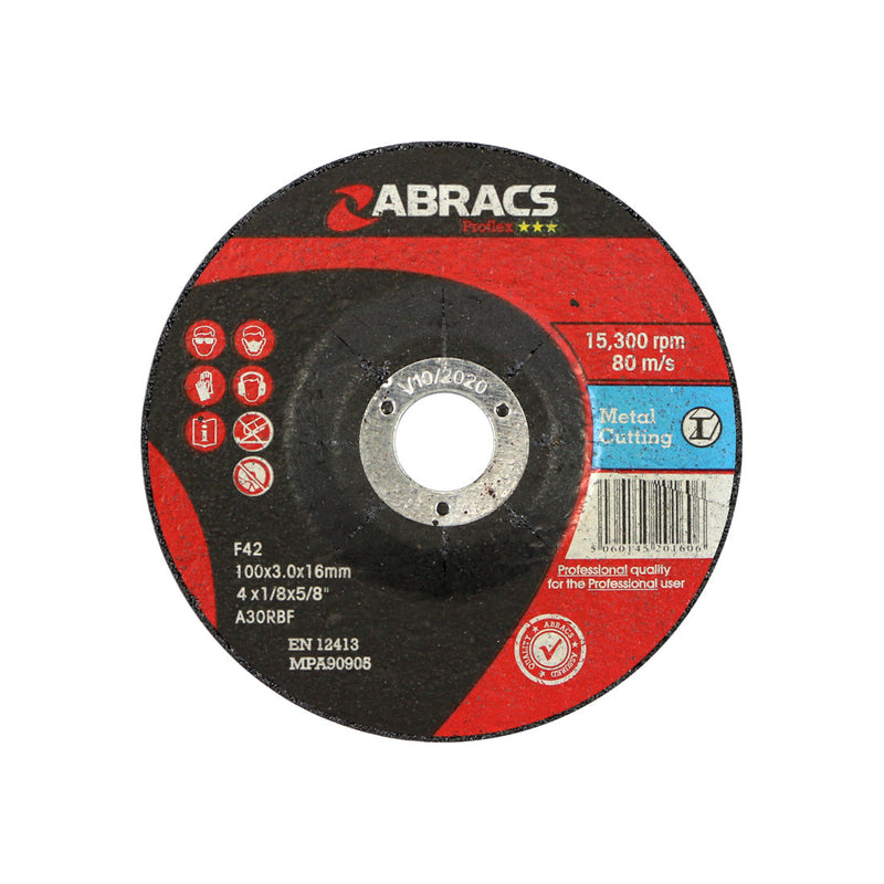 Abracs Proflex 100mm depressed-centre cutting disc for metal applications.