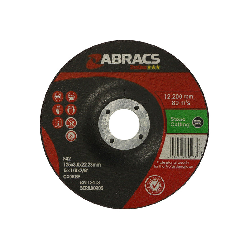 Proflex 125mm depressed-centre stone cutting disc by Abracs for hard materials.