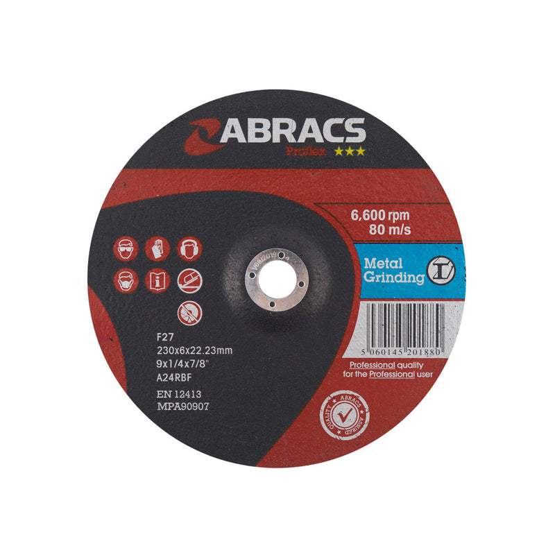 Abracs Proflex 230mm depressed-centre metal grinding disc for tough applications.