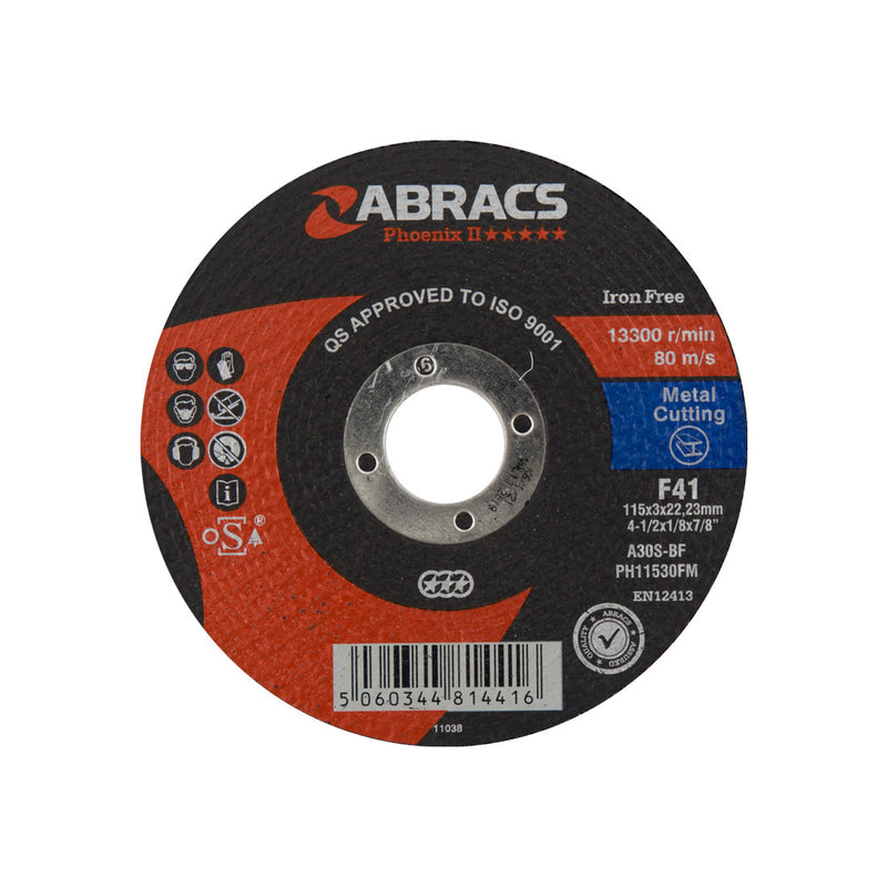 Abracs Phoenix II 115mm flat profile cutting disc for ferrous metals.