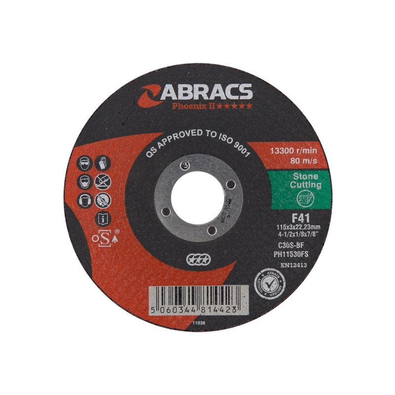 115mm Phoenix II flat cutting disc by Abracs for stone and masonry applications.