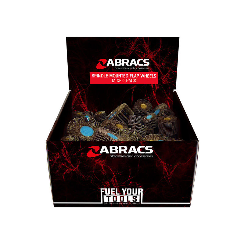 Abracs 50-piece mixed-grit spindle-mounted flap wheel assortment in a display box.