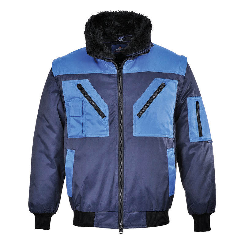 Two-tone navy blue and grey Portwest Pilot Jacket a stylish and practical choice.