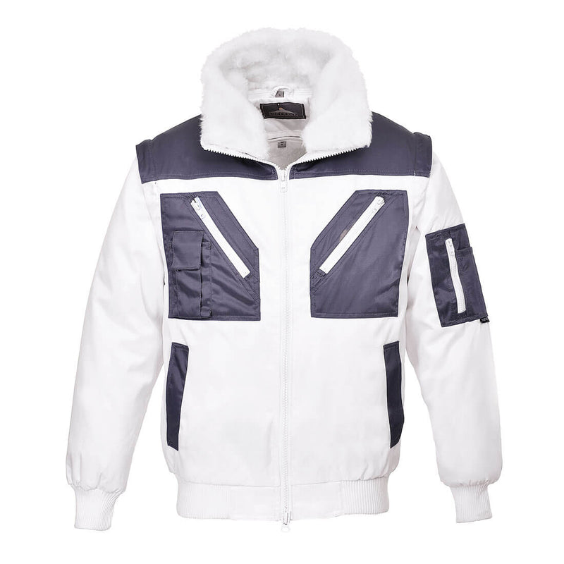 Two-tone white and grey Portwest Pilot Jacket offering a modern and functional design.