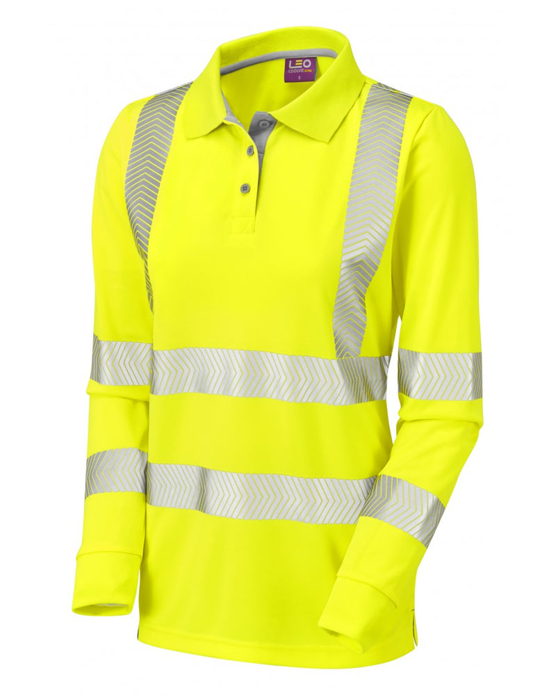 Yellow women's long-sleeve polo shirt featuring grey collar and segmented reflective bands, front-facing