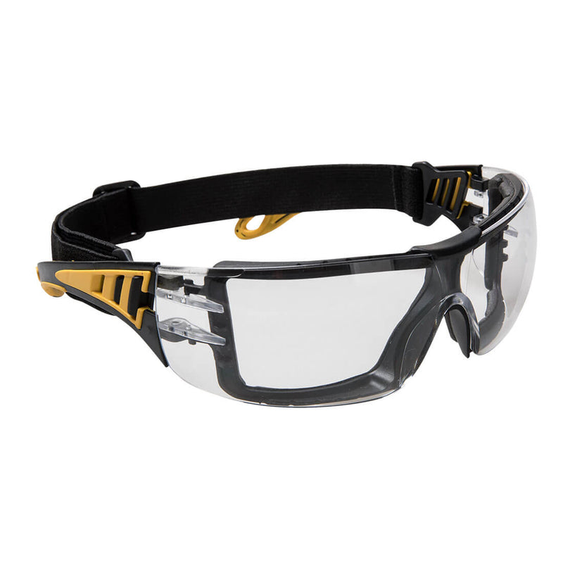 Front view of Portwest Impervious Tech Spectacles (PS09) featuring a clear, protective lens and lightweight frame.