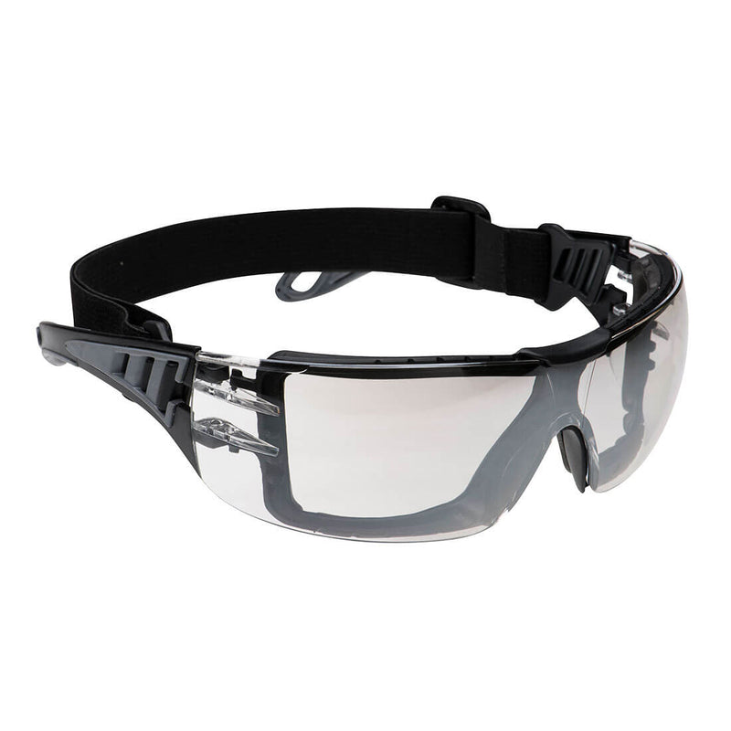 Portwest Tech Look Plus Spectacles (PS11) featuring mirrored lenses and a foam gasket to block debris and reduce glare.