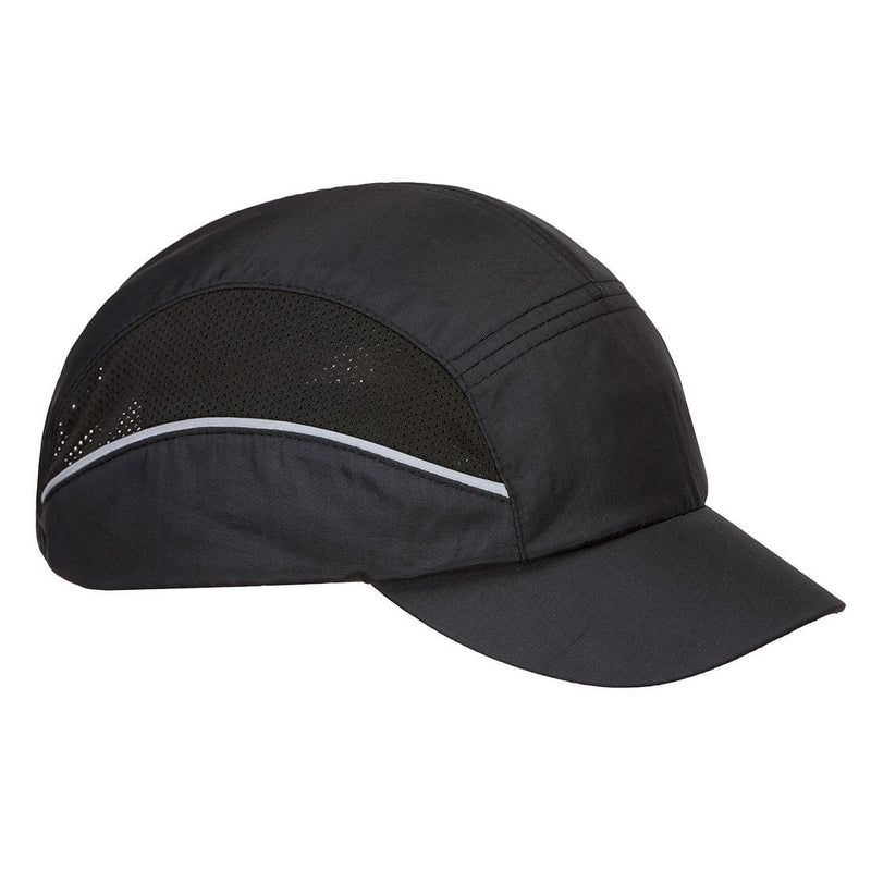 Black bump cap with ventilation holes, offering lightweight head protection for workers.