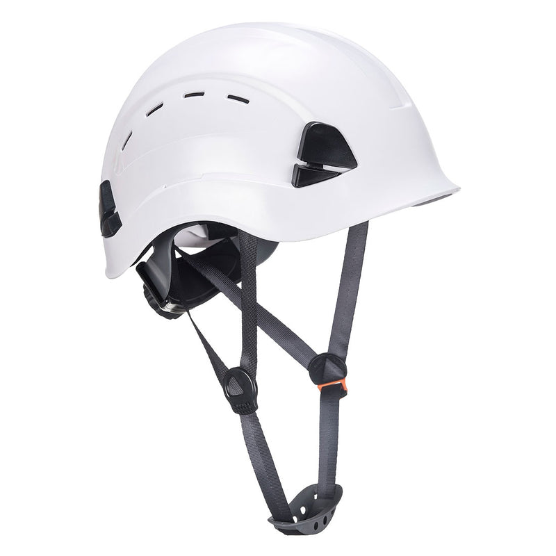 White vented helmet with adjustable straps, ideal for height safety and comfort.