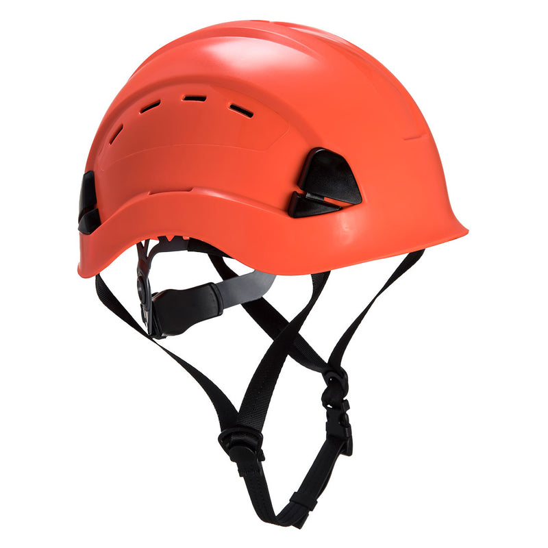 Orange mountaineer-style helmet with chin strap, designed for climbing and high-altitude safety.