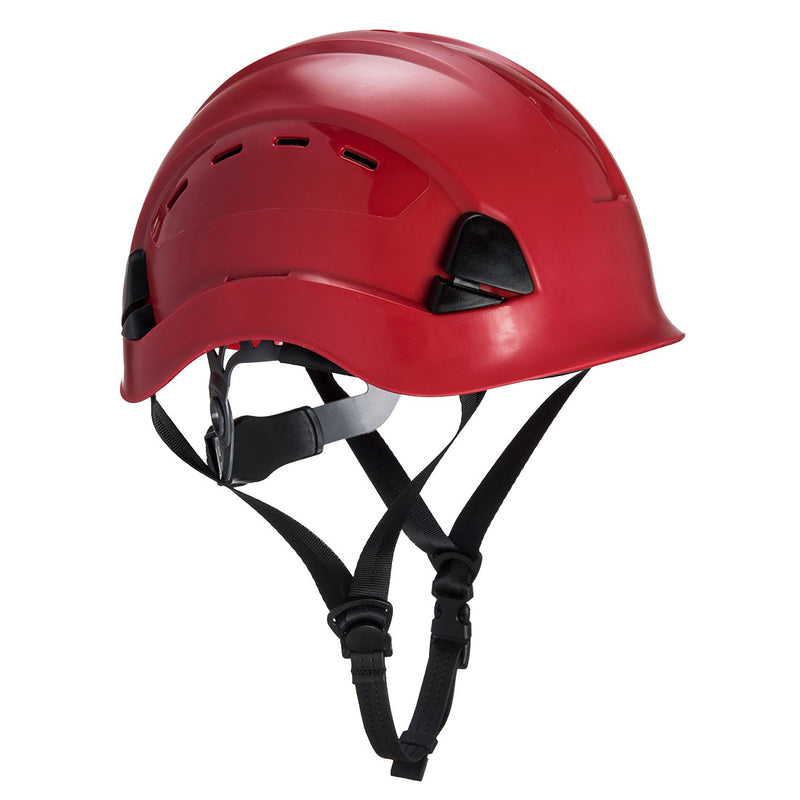 Red mountaineer helmet with secure chin strap, designed for safe climbing and work at height.