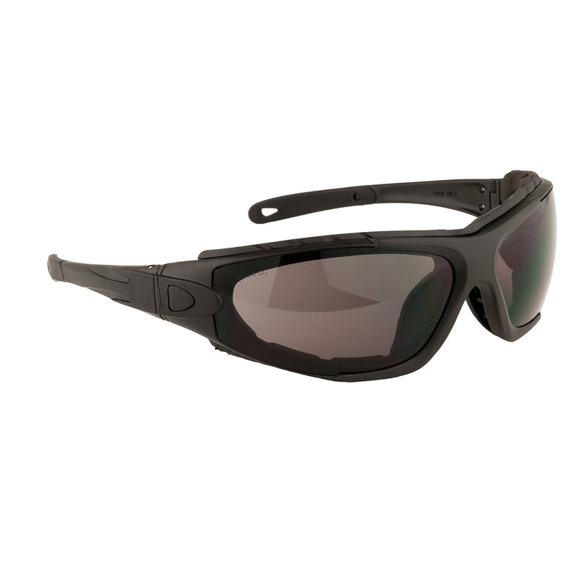 Smoke lens safety spectacles with ergonomic frame for comfortable eye protection.