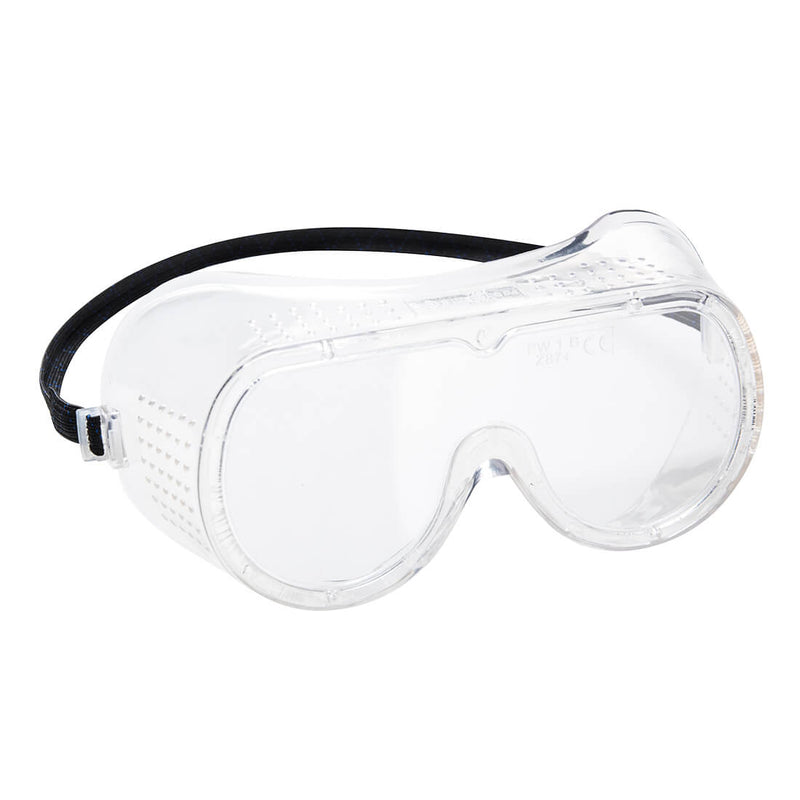 Direct vent safety goggles with clear lens and adjustable strap for protection from debris.