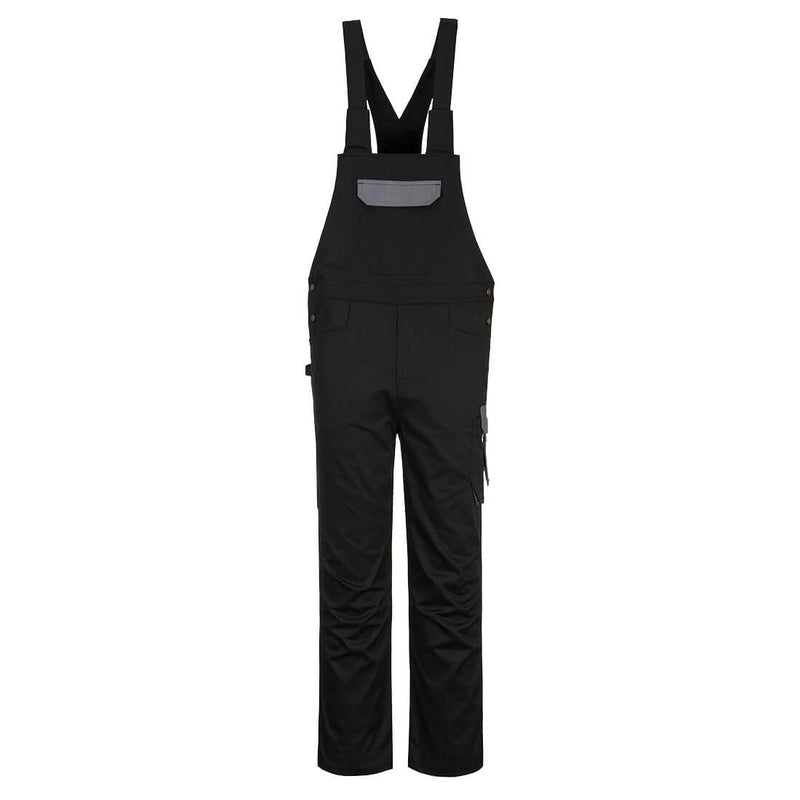 Portwest PW2 Bib and Brace (PW243) in blue and black, offering a contemporary and functional workwear solution.