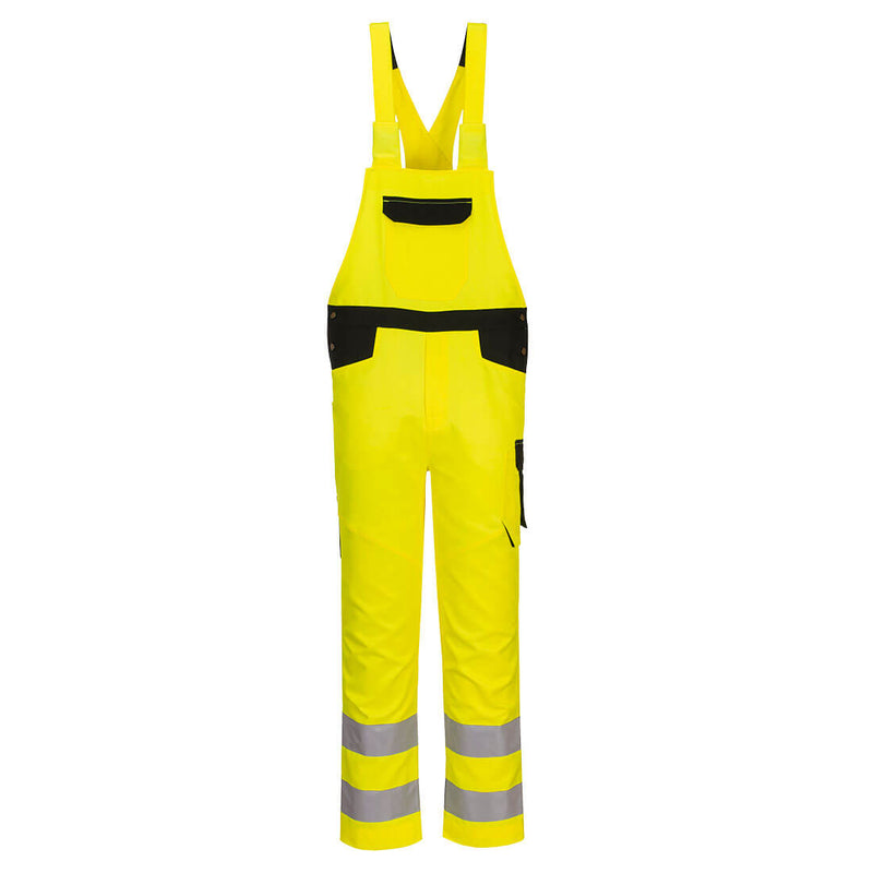 Portwest PW2 Hi-Vis Bib and Brace (PW244) in a fluorescent yellow and black design for workplace safety.