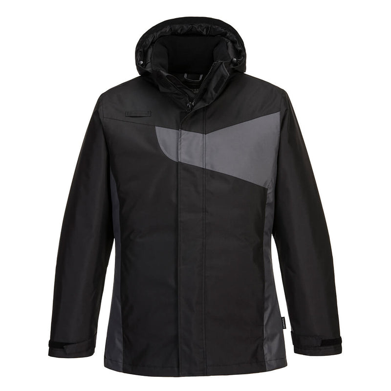 black/red insulated jacket with modern fit and zip pockets