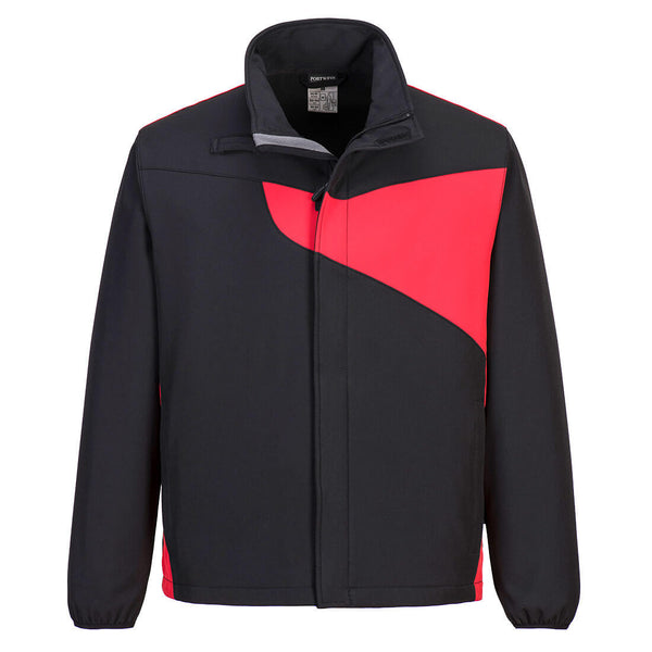 black/red softshell jacket with contrast panel styling