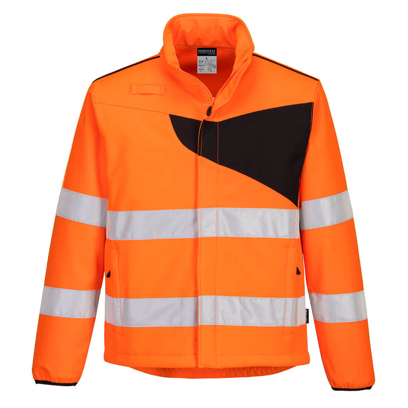 Portwest PW275 hi-vis 2L softshell jacket in a bright orange and black design for maximum visibility.