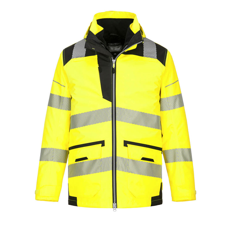 Front view of the Portwest PW3 Hi-Vis 5-in-1 Jacket in yellow and black.