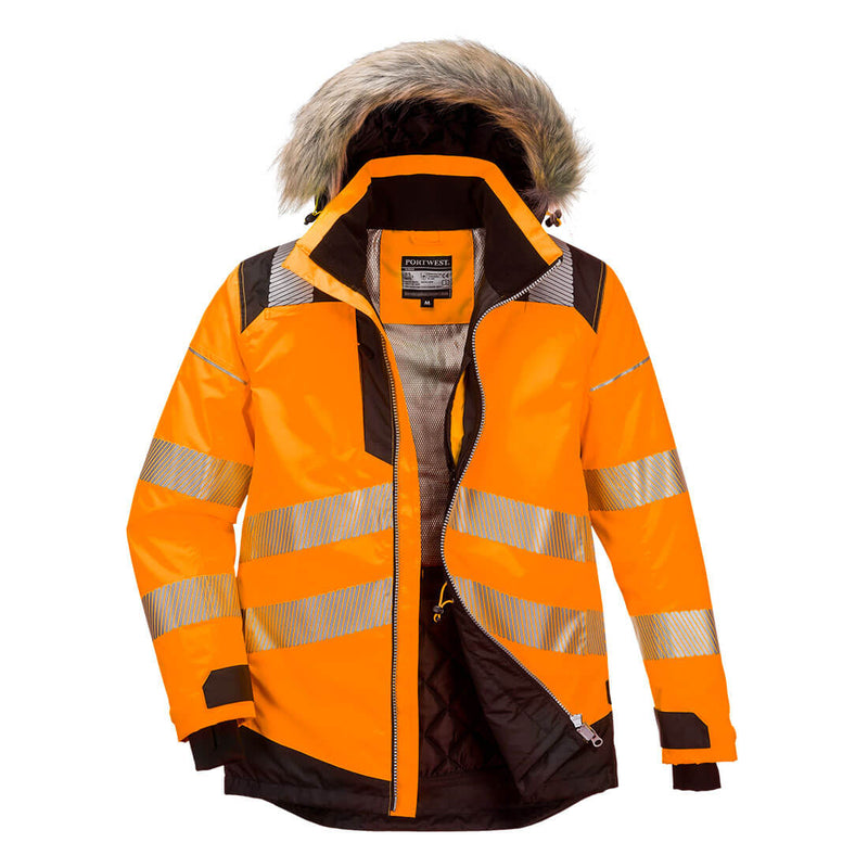 Front view of the Portwest PW3 hi-vis winter parka jacket in orange and black.