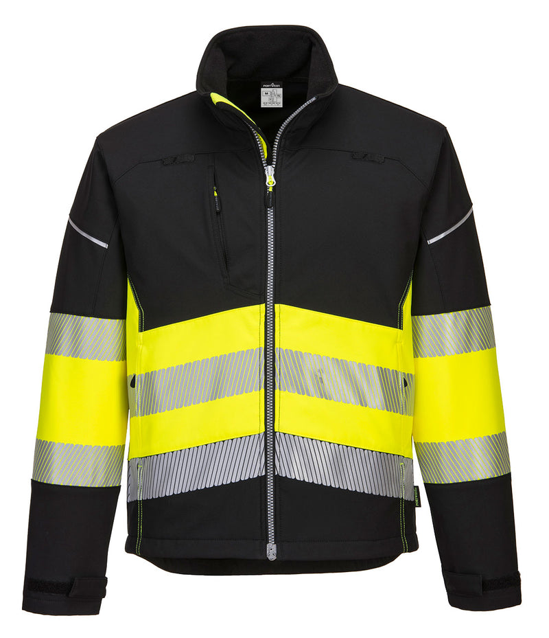 Front view of the Portwest PW3 hi-vis softshell jacket in black and yellow being worn.