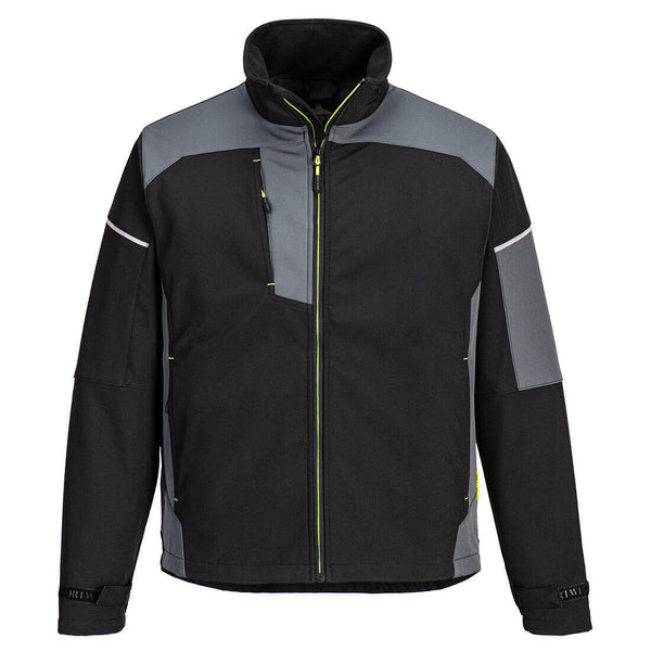 Front view of the Portwest PW3 softshell jacket in black zest details on a model.